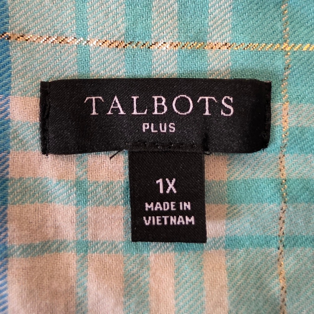 Talbots Button Shirt Womens 1X Blue Plaid Metallic Lightweight Flannel Autumn - Picture 7 of 8
